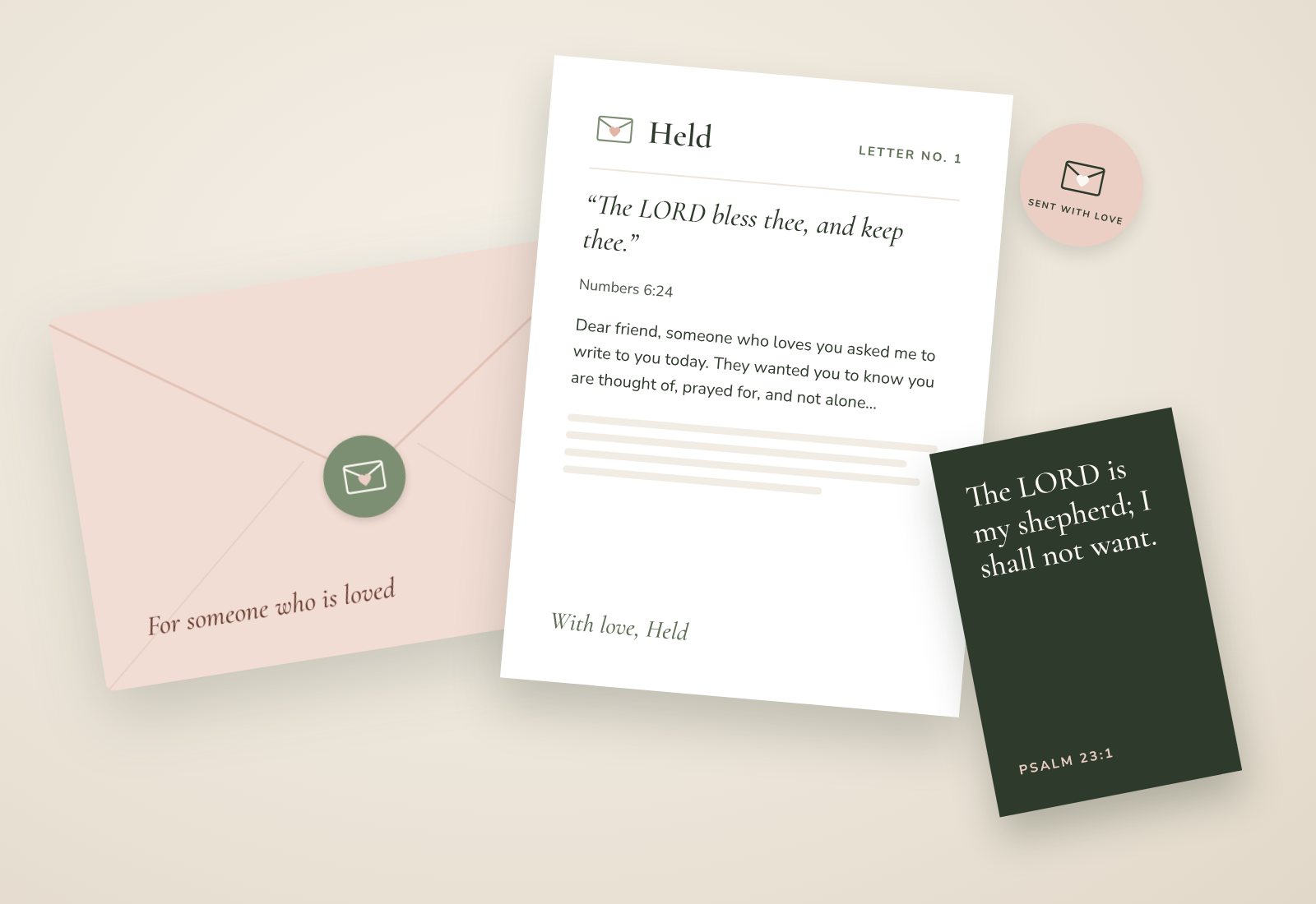 A Held printed letter in a blush envelope with a sage seal